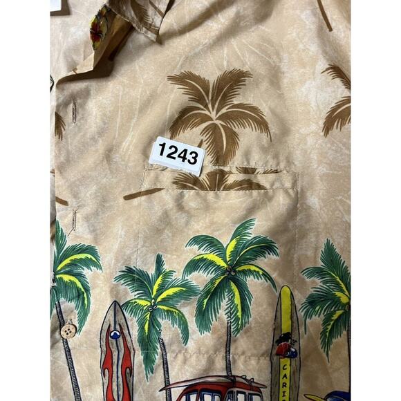 Rima Hawaiian Button Up Shirt XXL Aloha Surfing Palm Tree Bus Tan Top Vintage - Picture 4 of 4